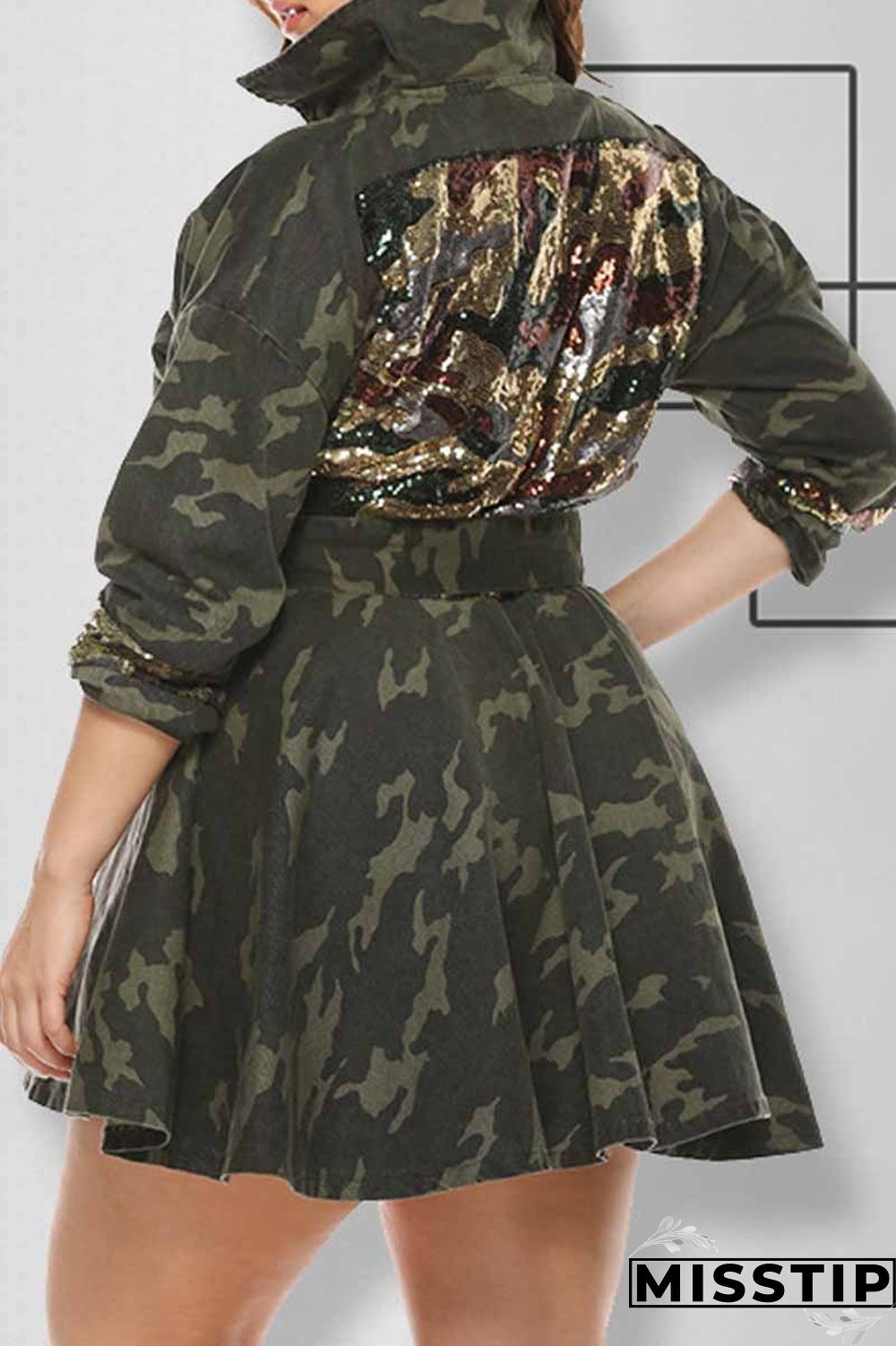 Camouflage Fashion Casual Camouflage Print Patchwork With Belt Turndown Collar Plus Size Overcoat