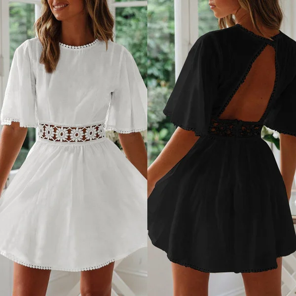 Summer Women Short Sleeve Mini Dress Lace Stitching Backless Party Casual Pleated A Line Dress Plus Size