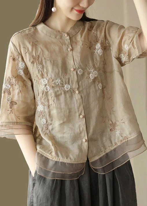 New Light Khaki Embroideried Button Patchwork Linen Shirts Half Sleeve