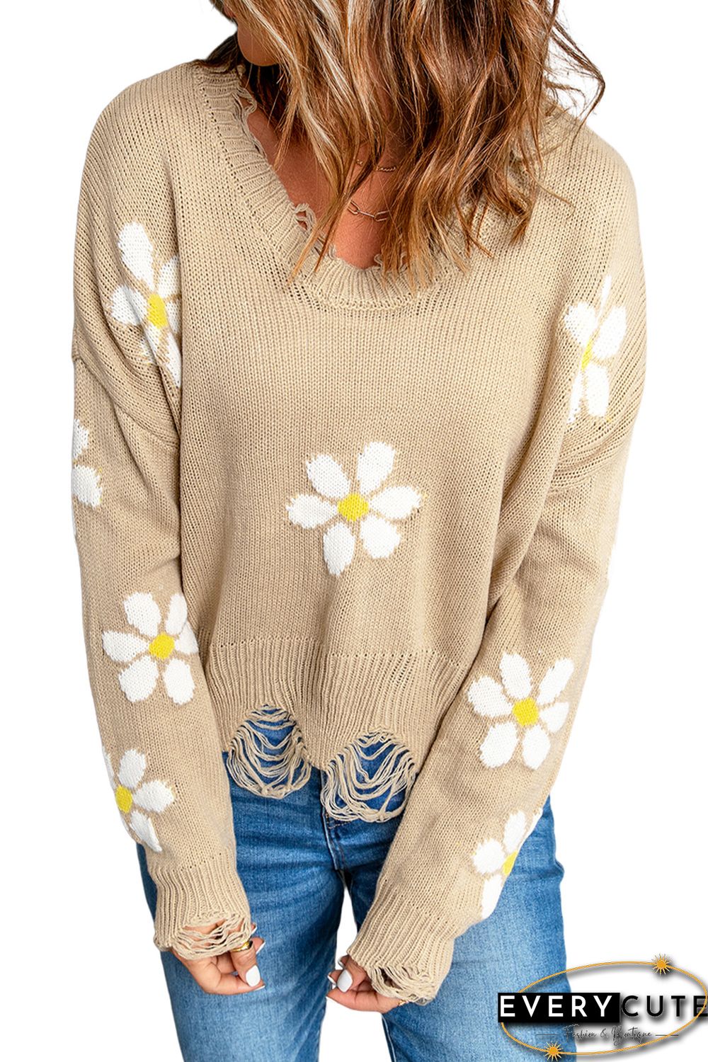Khaki Daisy Pattern Knit Distressed Sweater