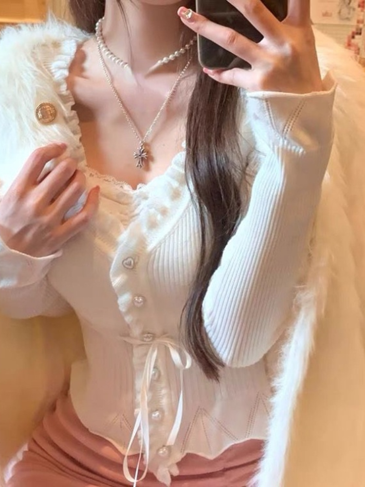 Pongl Two Pieces Cardigan Womens Button Japanese Soft Sweet Knitted Sweater Coats Y2k Aesthetic Kardigany Bandage Lace Crop Tops