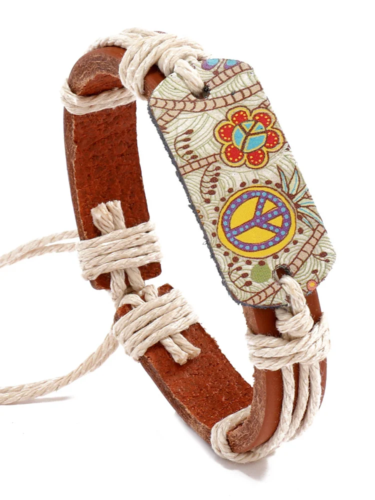 Peace Sign Floral Leather Woven Bracelet