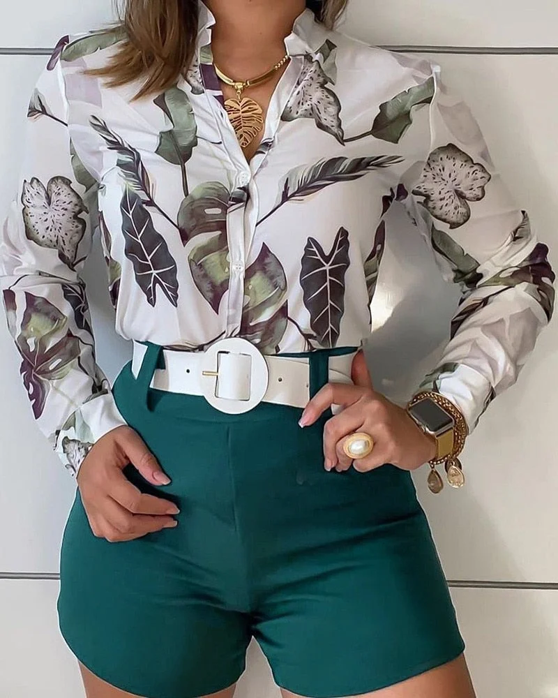 CM.YAYA Beach Holiday Women's Tracksuit Floral Leaf Long Sleeve Shirt and Shorts Matching Two 2 Piece Set Outftis Sweatsuit
