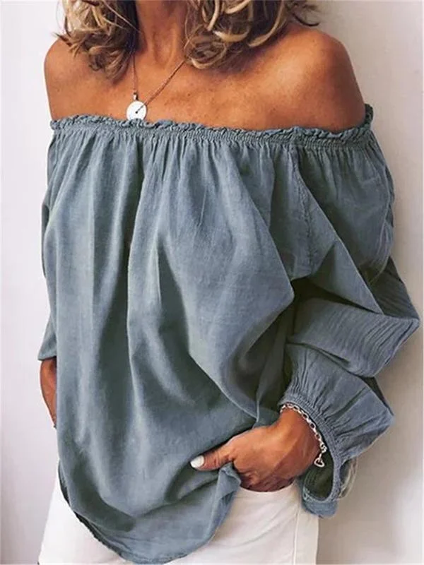 Line collar elastic pleated cotton linen solid color long sleeve