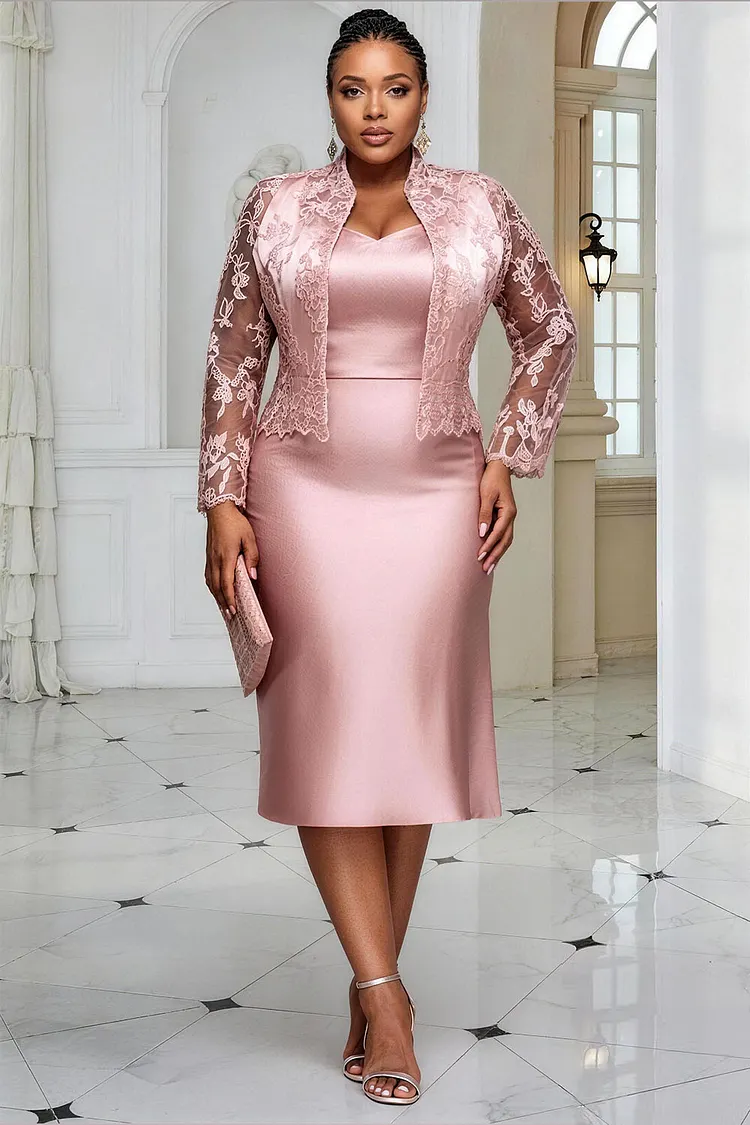 Xpluswear Design Plus Size Mother Of The Bride Lace Pink Long Sleeve See Through Contrast Satin Two Piece Dress Set [Pre-Order] 2024 - Xpluswear