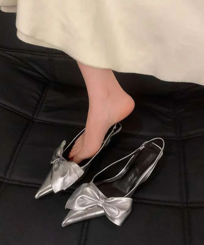 French Silver Bow Faux Leather Sandals Pointed Toe
