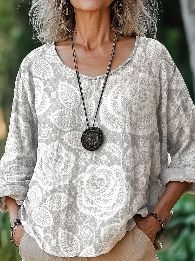 Women's Lace Texture  Art  Print Casual Cotton And Linen Shirt