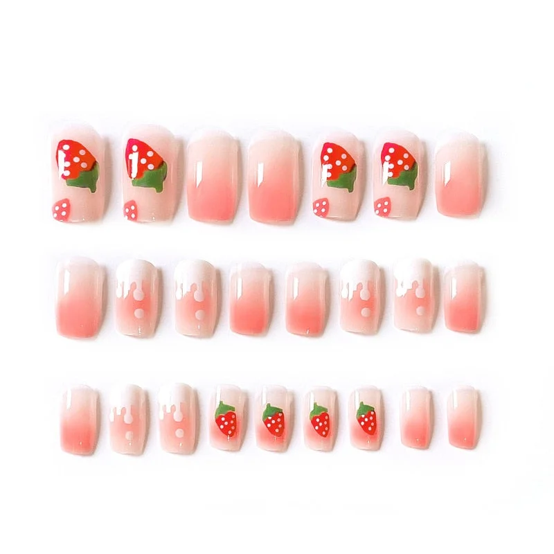 24pcs/box fake short nails with glue round head Finished Nails Manicure Patches Strawberry Patches press on nails with designs-Nail Inspo