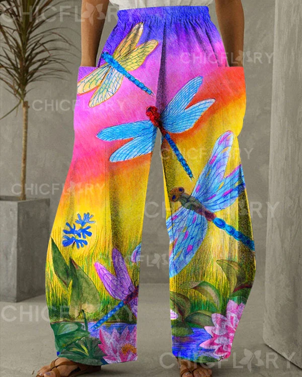 Women's Dragonfly Print Loose Pants