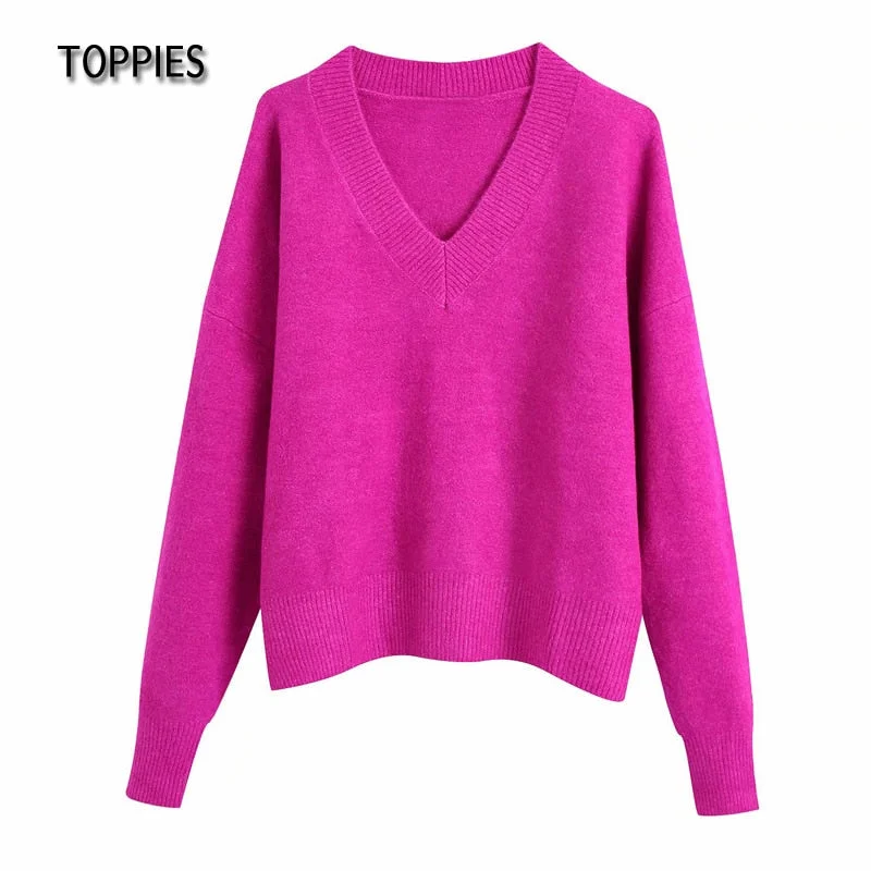 Toppies 2021 Winter V-neck sweaters soft warm knitted tops solid color pull femme Female Long Sleeve Jumpers