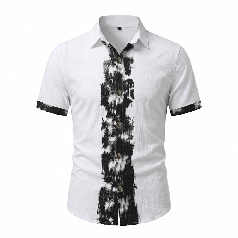 2026 Men’s Summer Linen Shirt Abstract Splash Ink Graffiti Loose Casual Vintage Short Sleeve Shirt
