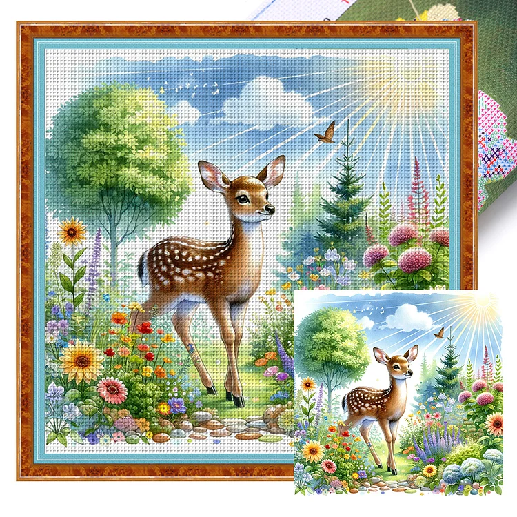 Sika Deer In The Spring Sunshine 18CT Stamped Cross Stitch 30*30CM
