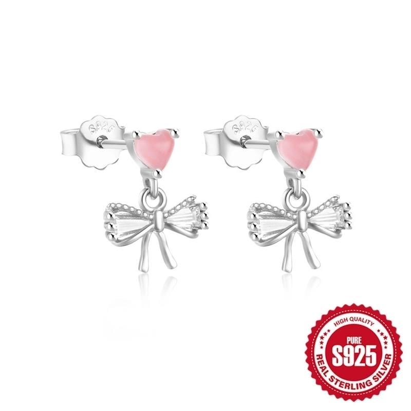 1 Pair 925 Sterling Silver Zircon Heart Shape Bow Knot Ear Studs