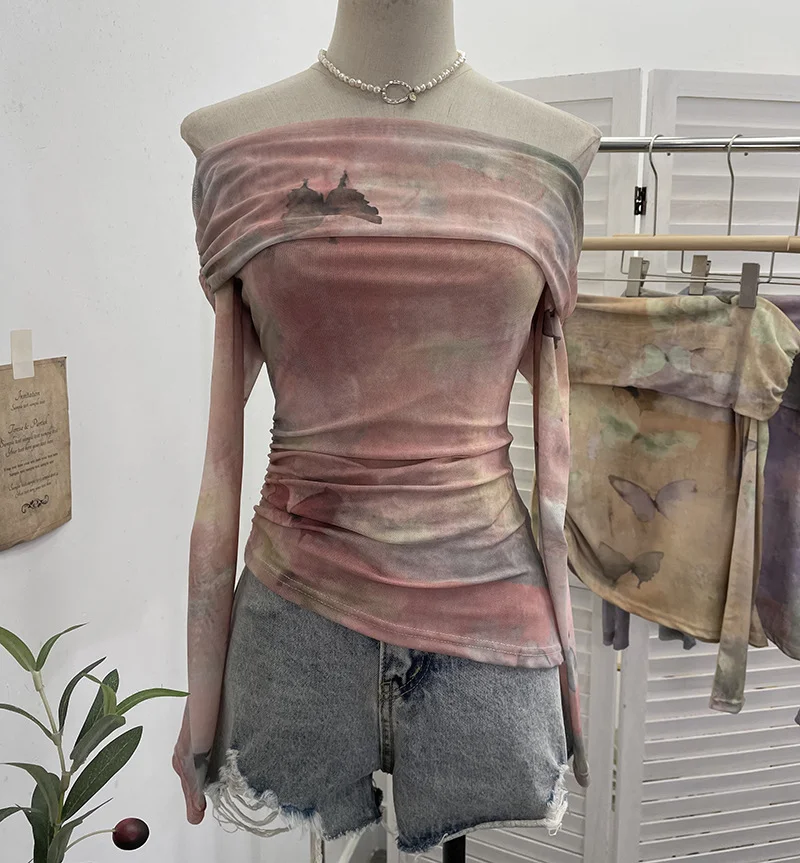 Brownm Real Shooting Design Dizzling A Word On The Shoulder Of The Women's Net Exposed Shoulder Long Sleeves Irregularly Folded Short T-Shirt 1198