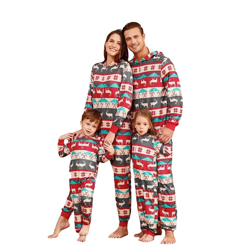 Family Christmas Pajamas Matching Sets Long Sleeve One-Piece Hooded Sleepwear Jumpsuit Loungewear-Pajamasbuy