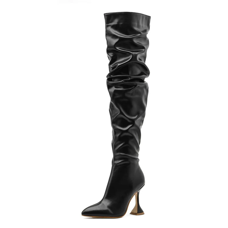 Breakj style Women thigh high boots Fashion Pleated desig High heels Over the knee boots Autumn Winter Leather boots Botas Mujer