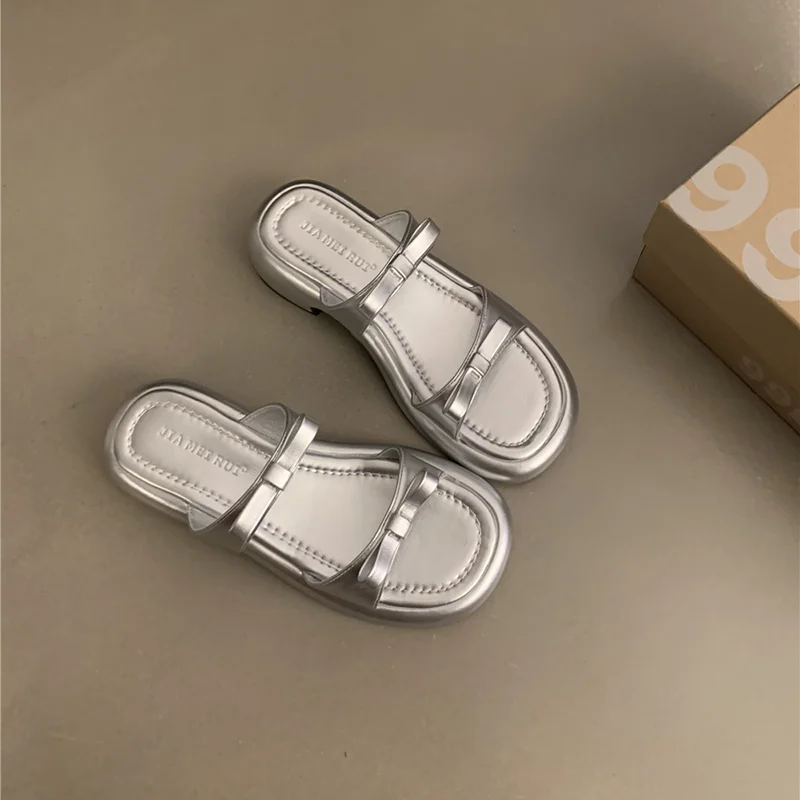 Zhungei New Summer Woman Slippers Fashion Open Toe Low Heel Silvery Ladies Comfort Beach Shoes Zapatillas De Mujer