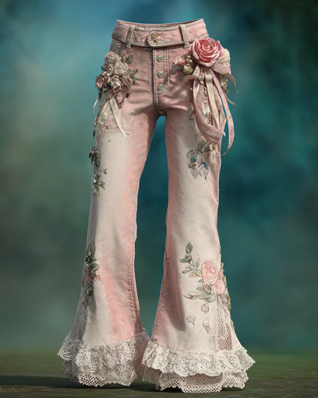 Women's Spring Pink Rose Embroidered Lace Jeans 2712