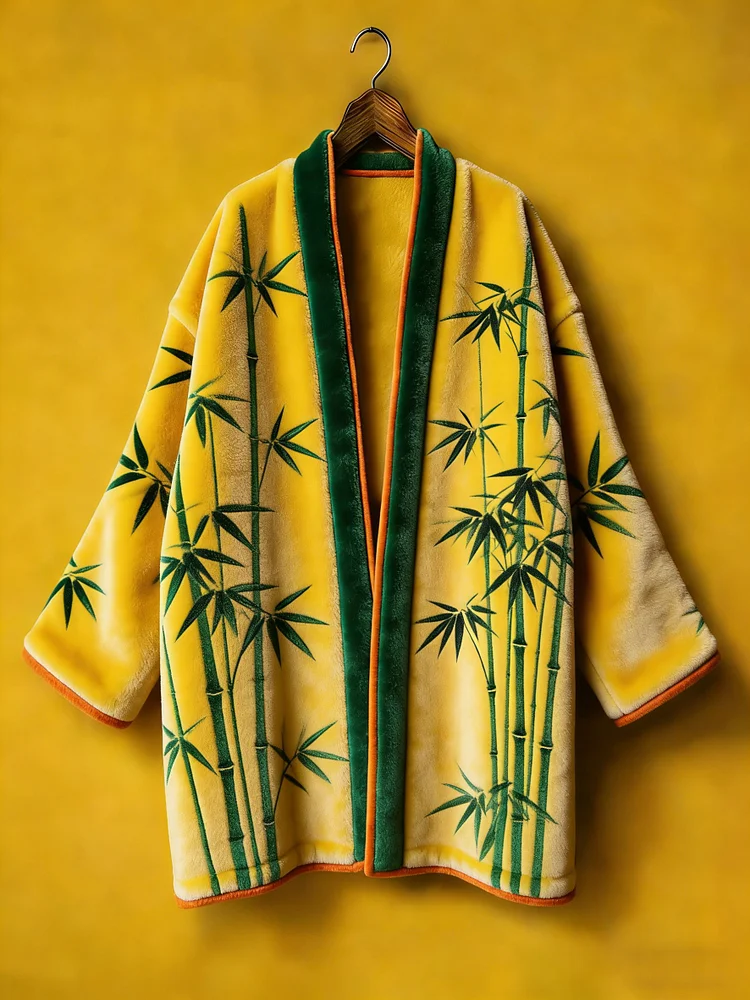 Oriental aesthetic printed flannel embroidered medium and long kimono cardigan