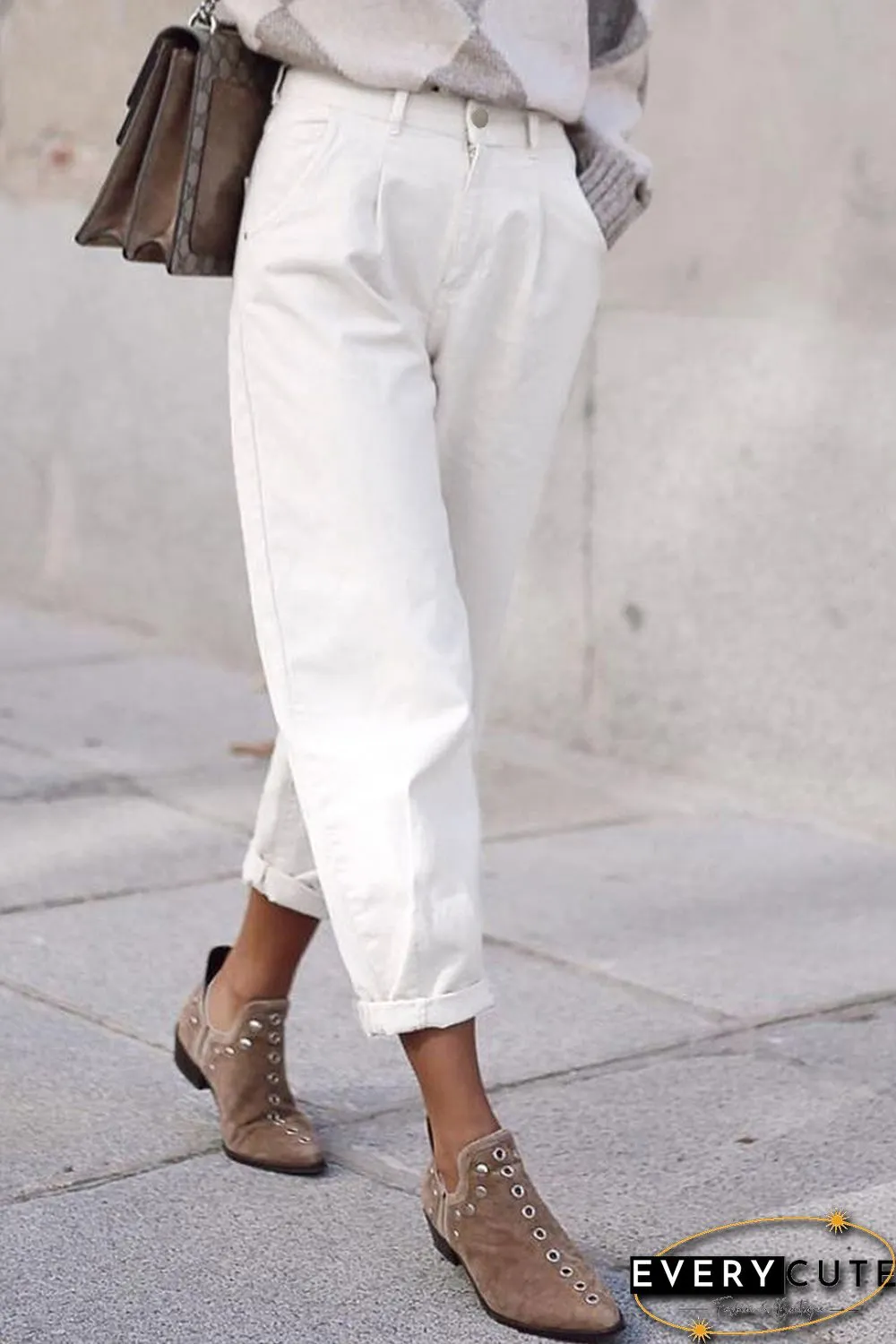 White Solid High Waist Casual Pants
