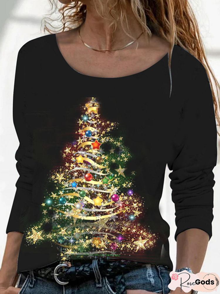 Casual Crew Neck Christmas Tree Top T-Shirt Female