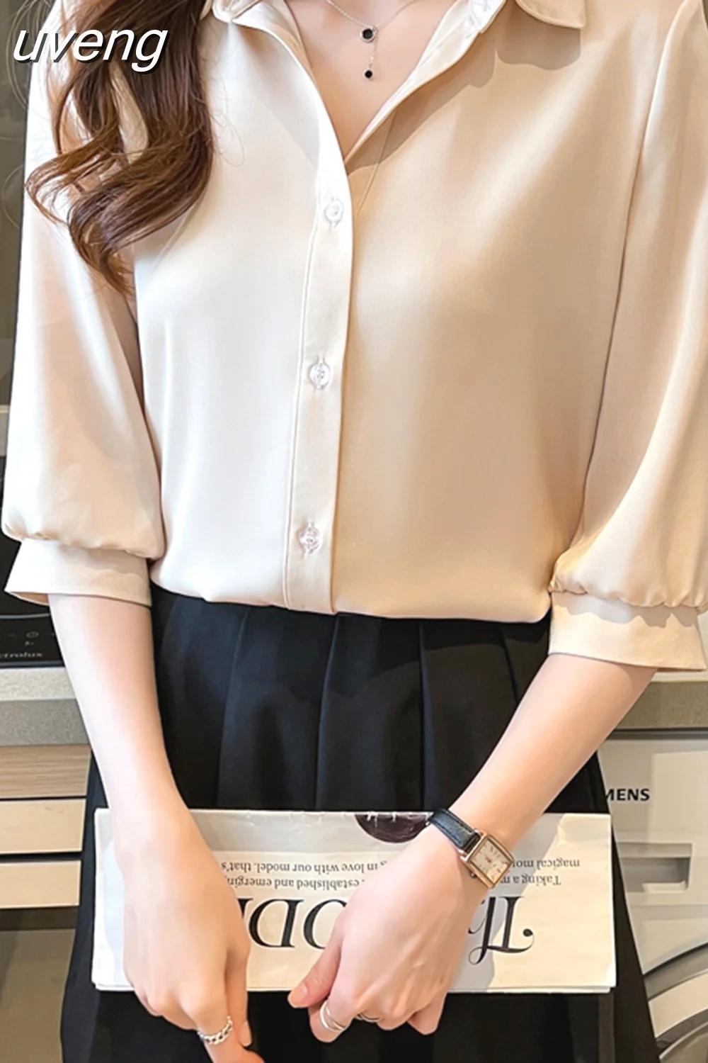 uveng Women Shirt Three Quarter Sleeve Blouses for Women Satin Blouses and Shirts Summer Fashion Women Clothing White Women Tops
