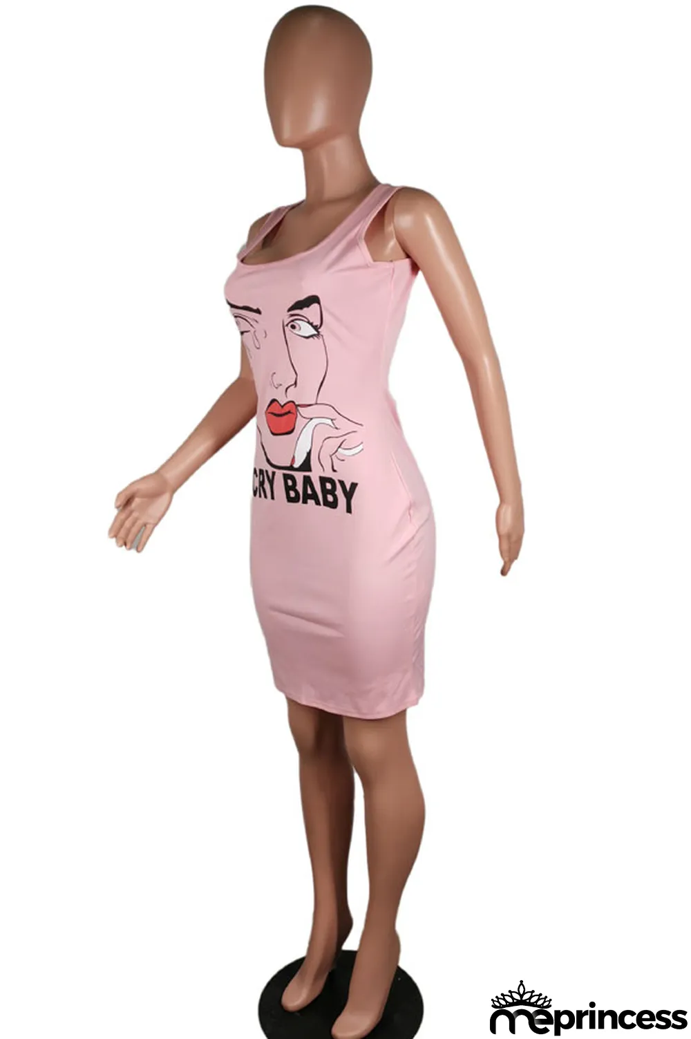 Pink Polyester Sexy White Green Pink Yellow Spaghetti Strap Sleeveless Slip Sheath Knee-Length Print Dresses