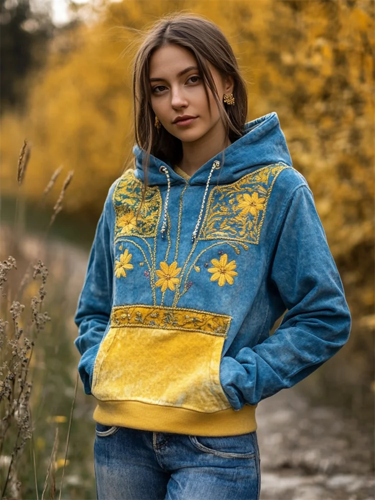 Ukraine Ethnic Floral Embroidered Contrast Color Washed Hoodie