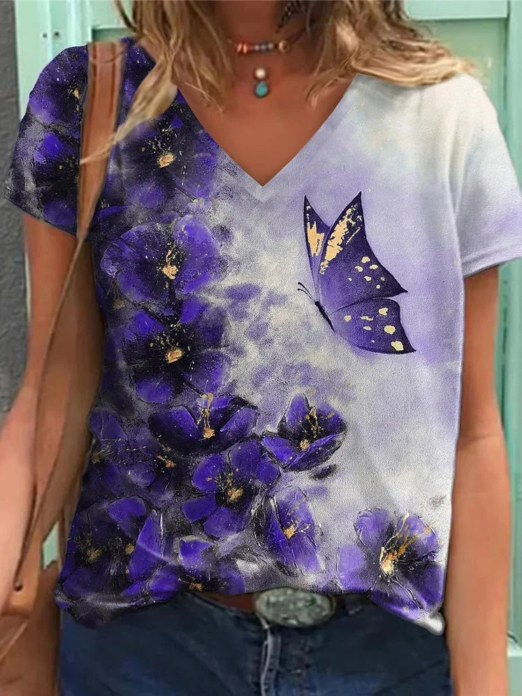 Women's Short Sleeve V-neck Graphic Printed Top