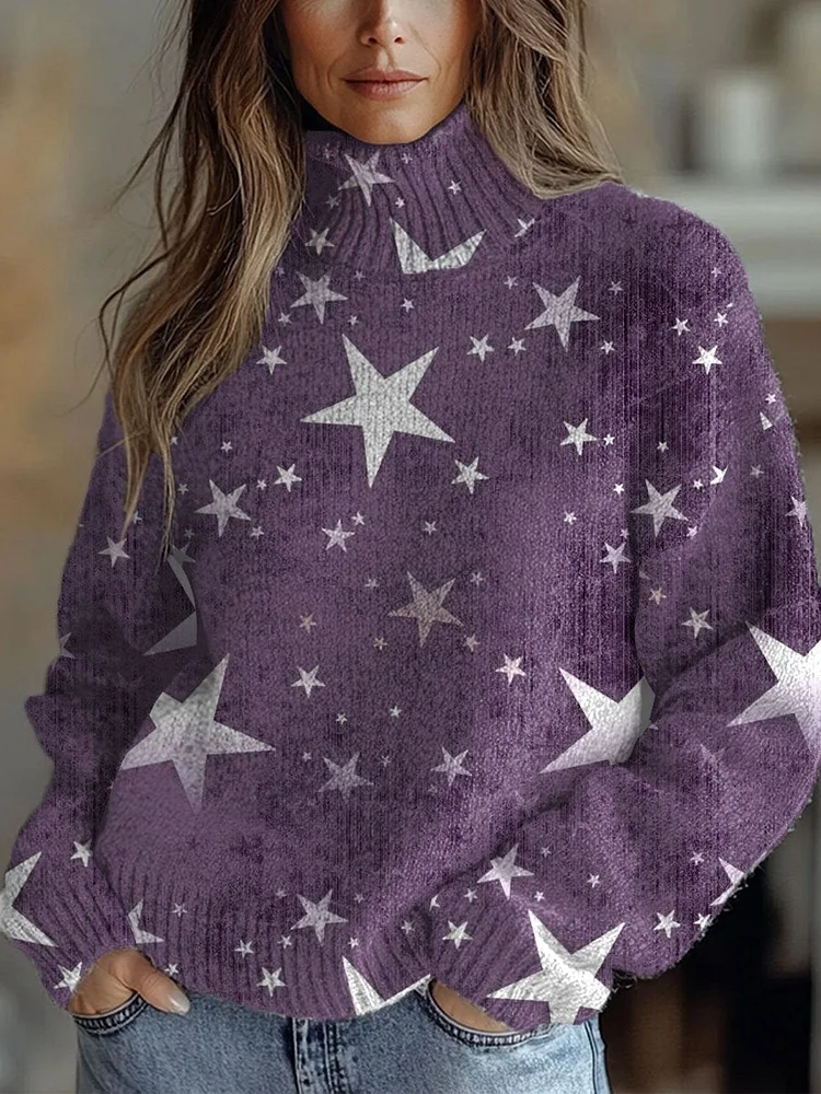 Vintage Art Print Knit Turtleneck Pullover Sweater