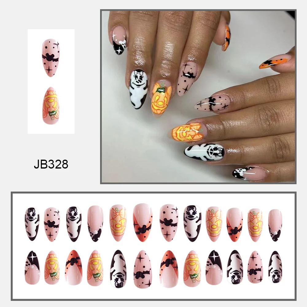 Churchf Churchf Almond Nail Bow Ghost Big Pumpkin Halloween Element Fake Nail Finished Wear Nail Holiday Nail