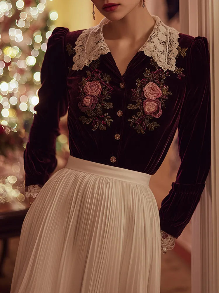 Exquisite Vintage Red Velvet Embroidered Shirt