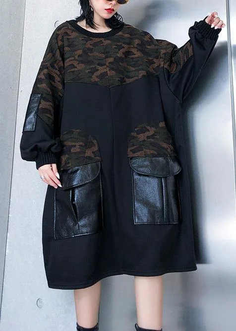 DIY patchwork Cotton big pockets tunics for women Fabrics black o neck Dress