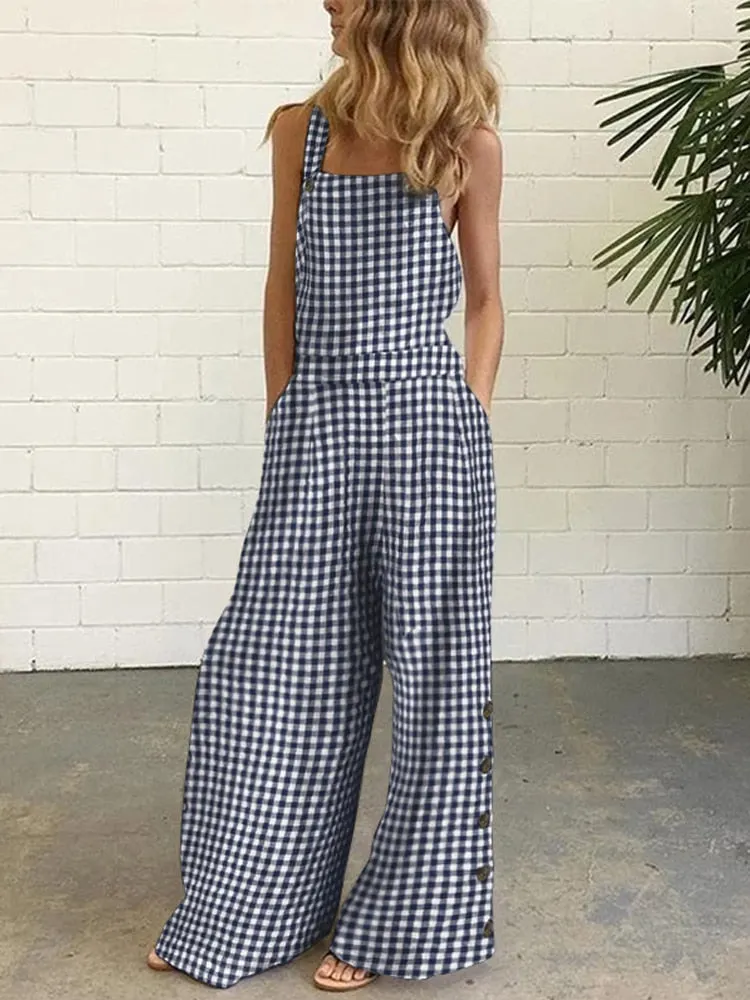 VONDA Women Jumpsuits 2022 Summer Wide Leg Full Length Sexy Sleeveless Vintage Checked Plaid Suspenders Playsuits Long Overalls