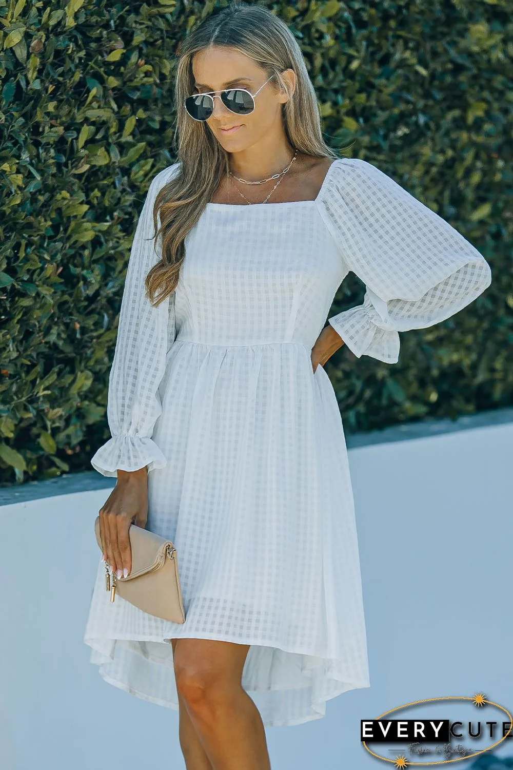 White Square Neck Smocked Back A-line Dress