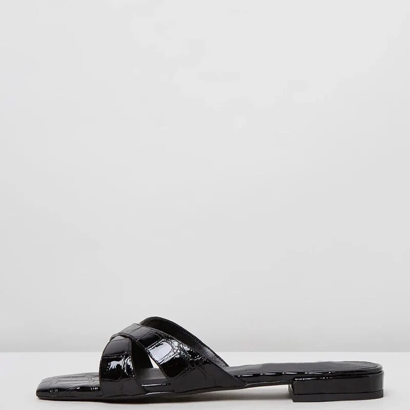 TAAFO Black Patent Plaid Embossing Women Sandals Low Chunky Heels Open Square Toe Ladies Shoes