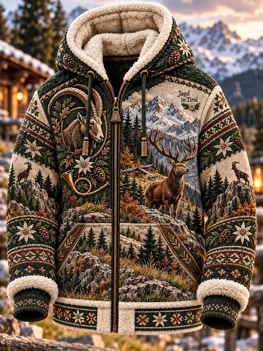 Men's Hunting Season Ibex Stag Forest Scenery Print Hooded Jacket