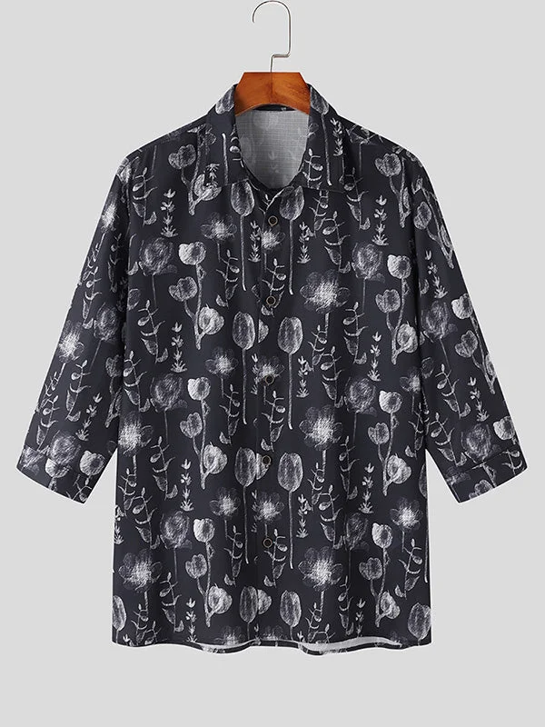 Aonga - Mens Allover Flower Print Lapel Loose Shirt