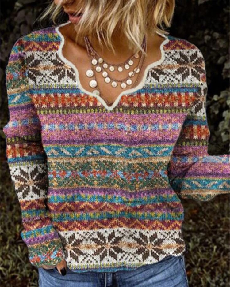 V-neck Printed Long-Sleeve Sweater