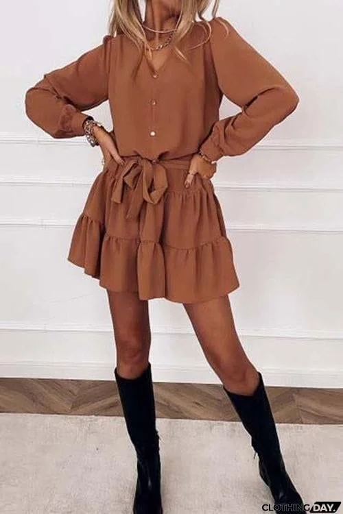 Button Layer Ruffles Long Sleeve Mini Dress