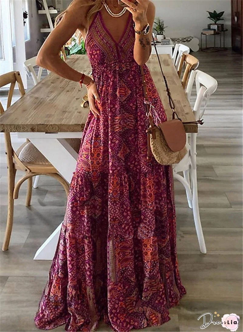 Boho Print V Neck Slip Maxi Dress