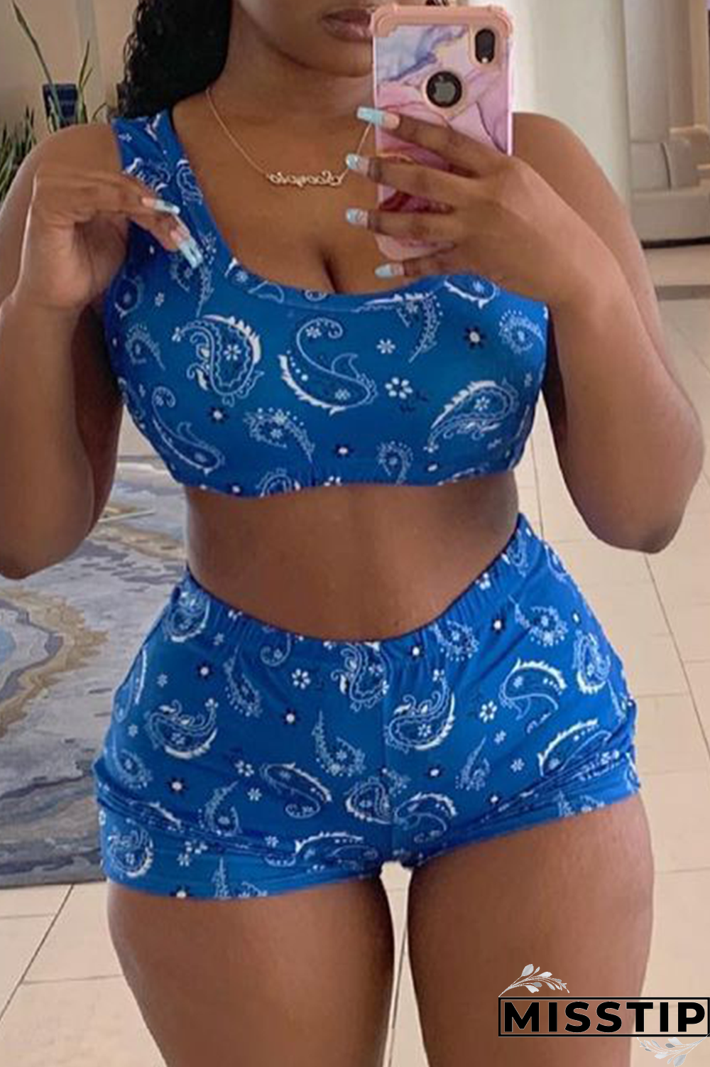Blue Sexy Print Patchwork One Shoulder Sleeveless Two Pieces