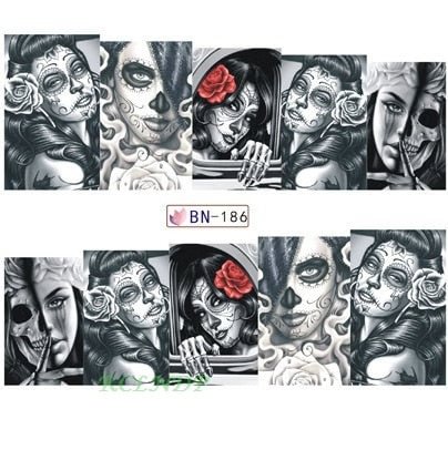 Water sticker for nail art decoration slider skull witch with rose flower watercolor ink design decal lacquer accessoires