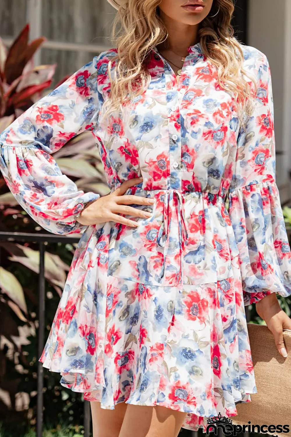 Sky Blue Vintage Floral Print Drawstring Flowy Dress