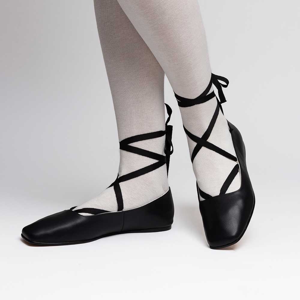 Vegan Leather Square Toe Lace-Up Lady's Ballet Flats in Black Nicepairs