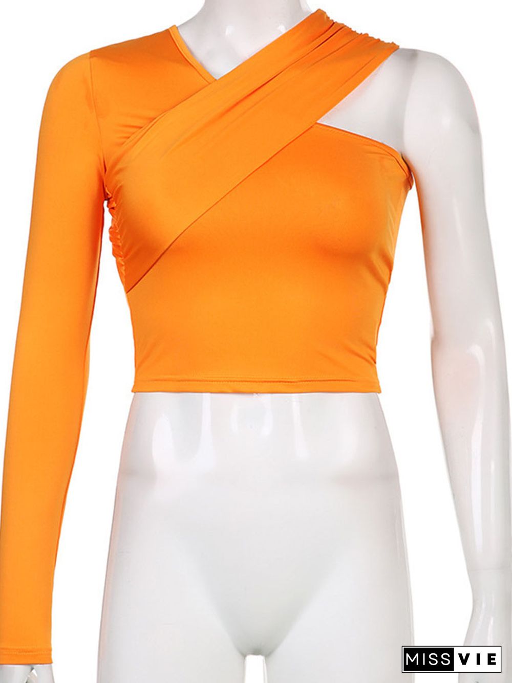 Asymmetrical V Neck One-shoulder Soild Women's T-shirts Slim Female Streetwear Crop Tops Autumn All-match Vinatge Tees