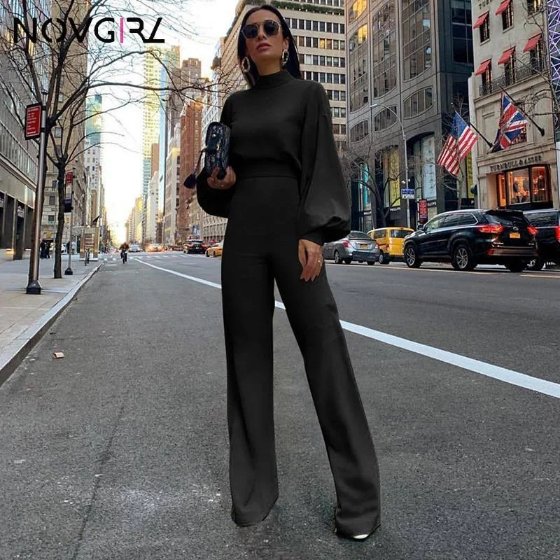 Novgirl Elegant Lantern Sleeve Jumpsuit Women 2019 Autumn Open Back Zipper Wide Leg Sexy Rompers Office Lady Workwear Overalls 1030