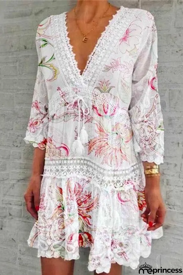 V Neck Lace Crochet Hollow Out Swing Dress