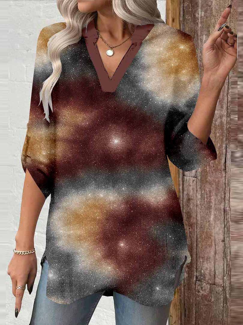 Women Glitter,Brown DZGA0032 3/4 Sleeve V-neck Printed Graphic Button Tops