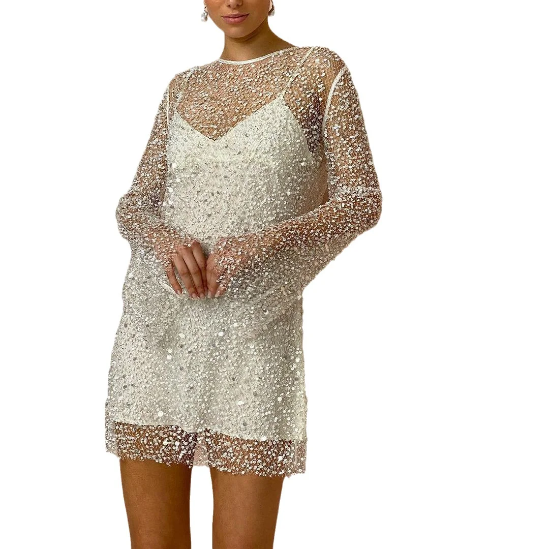 Uveng Uveng Women's Size Bubble Beads Perspective Mesh Two-Piece Set Of Hanging Dress